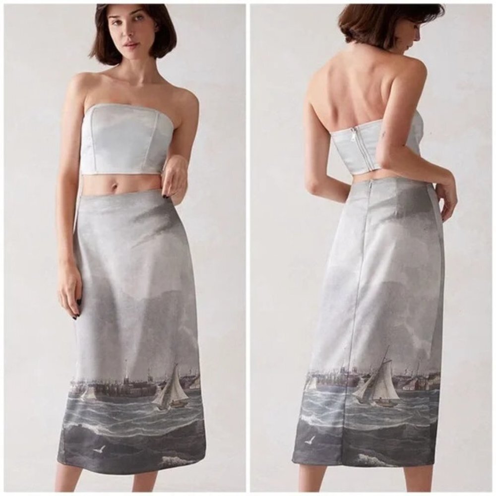 🎨 The MET x PacSun NY Sailboat Painting Satin Midi Skirt Strapless Top Set